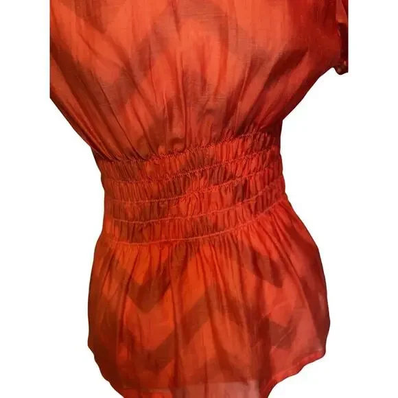 Cotton Express Ruffle Vneck Red Top Silk Blend Puff Sleeve Fitted Waist Sheer M - Picture 4 of 6